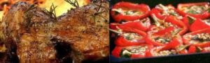 Sült bárányhús mandulamártással, vegyes zöld saláta, Cordoba-i sültpaprika és burgonya